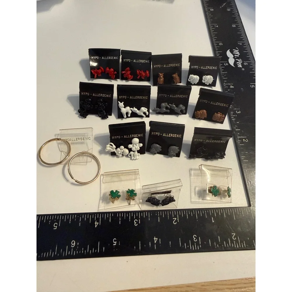 14 Pair Hypoallergenic Earring Lot Animal Studs Hoops Elephants Owls Shamrocks